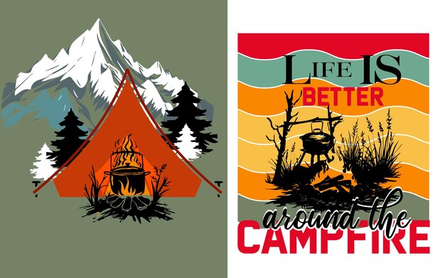 Freier vektor sonnenuntergang bergwanderung camping t-shirt design