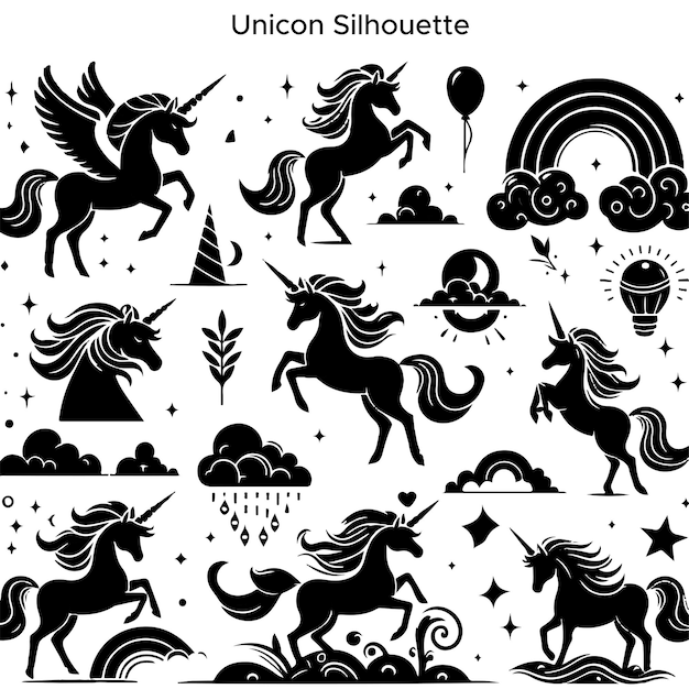 Freies Vektor-Handgezeichnetes Einhorn-Silhouetten-Set