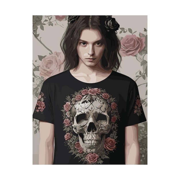 Vektor freies vektor-t-shirt-design mit einem schädel im gotischen stil, umgeben von rosen und pflanzen