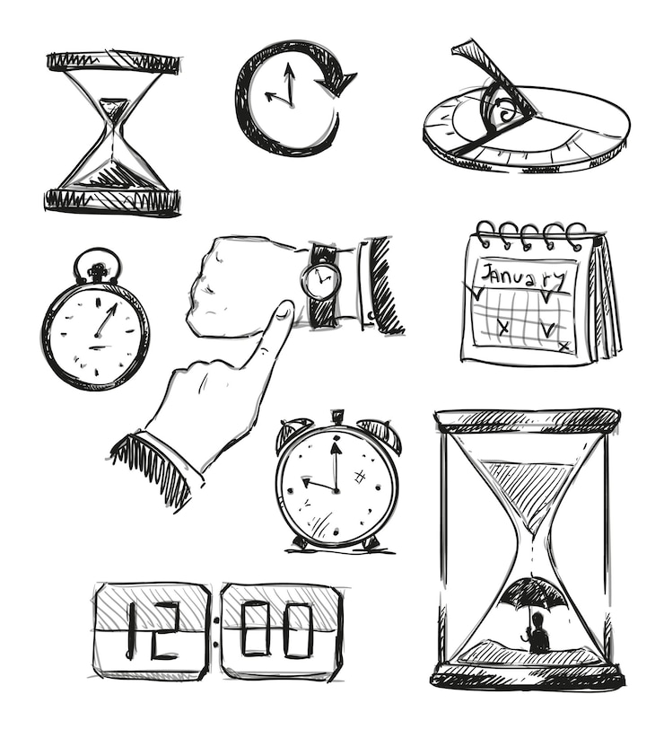 Vektor freihandskizze von zeitsymbolen. zeitsymbole. vektor-illustration.