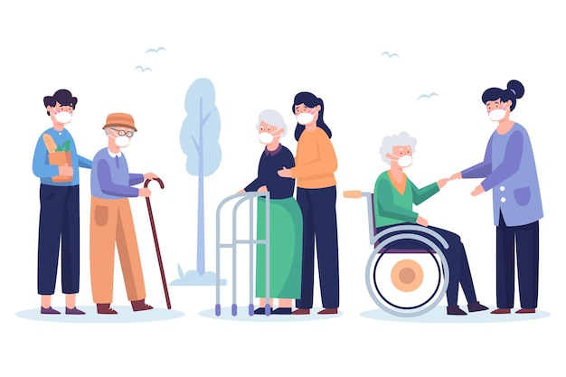 Vektor freiwillige helfen älteren menschen