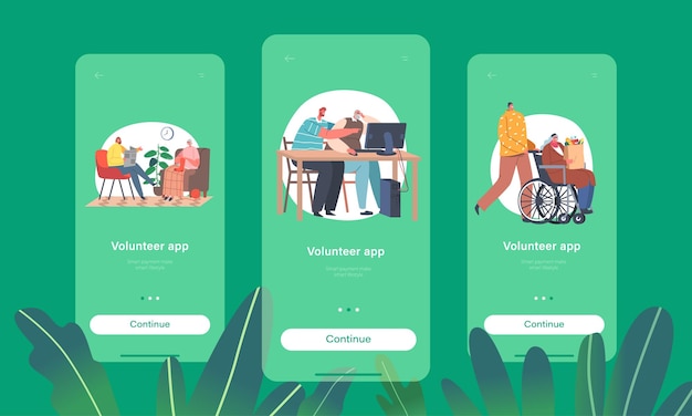 Freiwillige mobile app-seite onboard-bildschirmvorlage charaktere helfen alten menschen, frau zeitung zu lesen