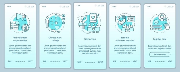 Freiwilligenarbeit beim Onboarding der mobilen App-Seitenbildschirm-Vektorvorlage. Humanitäre Hilfe. Schritt für Schritt durch die Website des Freiwilligenprogramms mit linearen Illustrationen. UX, UI, GUI-Smartphone-Schnittstellenkonzept