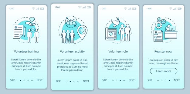 Freiwilliger beim Onboarding der Bildschirmvektorvorlage für die Seite der mobilen App. Humanitäre Hilfe. Freiwilligendienst-Walkthrough-Website-Schritte mit linearen Illustrationen. UX, UI, GUI Smartphone-Schnittstellenkonzept