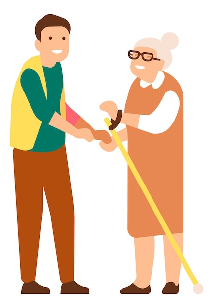 Freiwilliger, der alter frau mit gehstock hilft. soziale unterstützung für senioren. vektorillustration