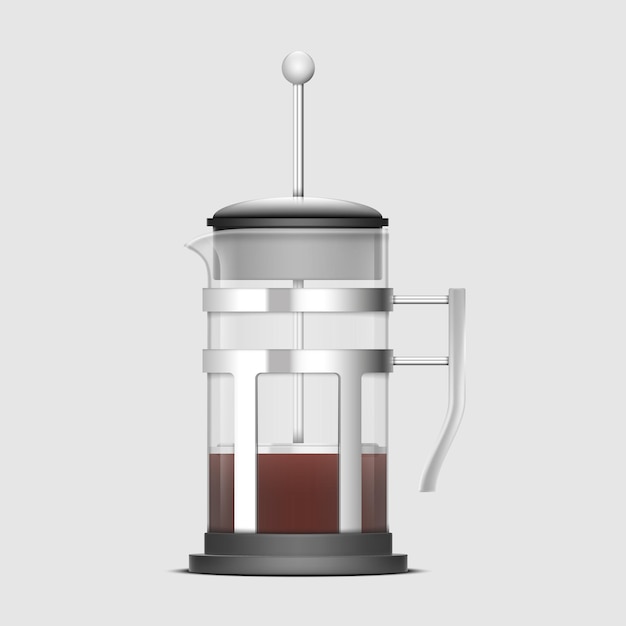 French press kaffeemaschine oder kolbenteekanne voll mit schwarzem kaffee oder teegetränk realistisch isoliert