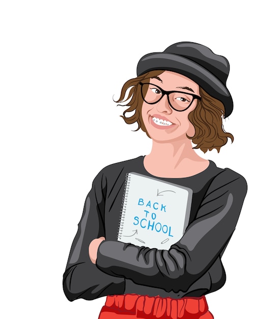 Freudiges Mädchen im schwarzen T-Shirt, im roten Kleid, in der Brille und im schwarzen Fedora, die ein Notizbuch mit der Inschrift zurück zur Schule halten