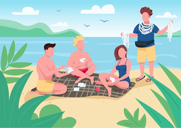 Freunde, die karten auf strandfarbillustration spielen.