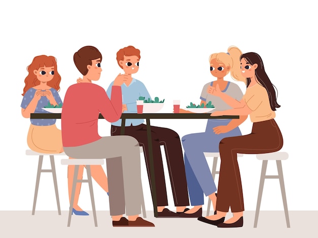 Freunde, die zusammen essen und trinken, glückliche Jugendliche, die am Tisch sitzen und miteinander reden, junge Erwachsene, Freundschaft, Studenten, Abendessen oder Mittagessen, Treffen, Vektor-Cartoonszene.