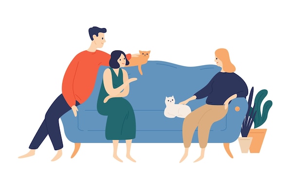 Vektor freunde, leute auf flacher vektorillustration des sofas. freundschaft, gemütlichkeit, konzept der häuslichen atmosphäre. familienruhe mit haustieren, entspannung auf der couch. mann und frau mit katzenzeichentrickfiguren.