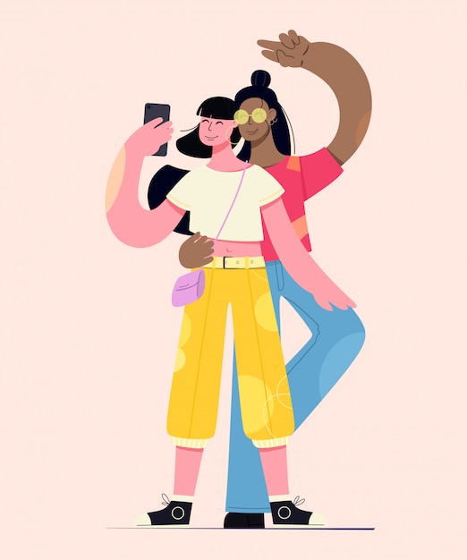 Freunde selfie. mädchen machen selfies. kreative illustration von charakteren.