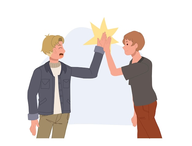 Freunde treffen sich und unterstützen sich gegenseitig, indem sie in die handflächen klatschen und sich gegenseitig highfive geben cartoon people vector illustration