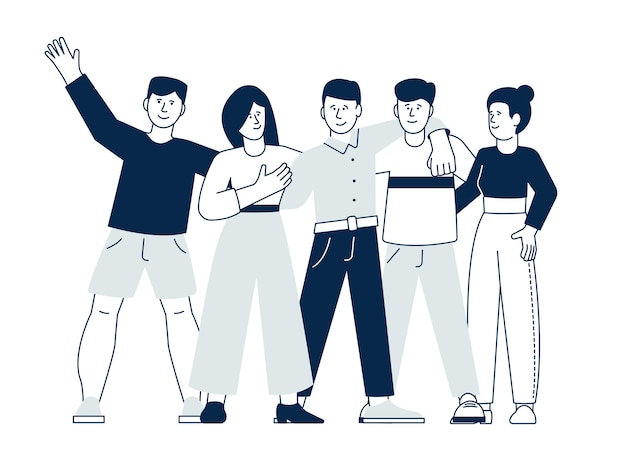 Freunde umarmen Treffen Freund und umarmt verschiedene Menschen Team Studenten Gruppe Mädchen Junge freundliche Beziehungen Freundschaft Empathie und Wiedervereinigung aktuelles Vektorkonzept