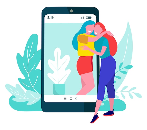 Vektor freundin sprechen online-handy-freund dialog zusammen internet-smartphone-kommunikation flache vektor-illustration isoliert auf weiß