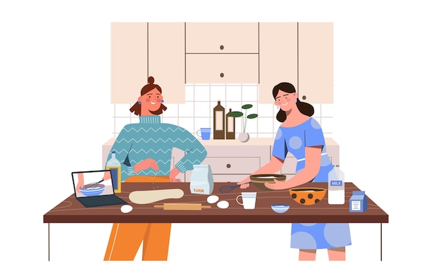 Freundinnen kochen in der Küche hausgemachte Bäckereien und Gebäckstücke Hausarbeit und Routine zwei