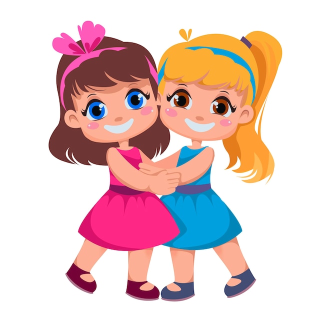 Freundinnen umarmen Kinderfreundschaft Vektor-Illustration im Cartoon-Stil Zwei Schönheitsschwestern