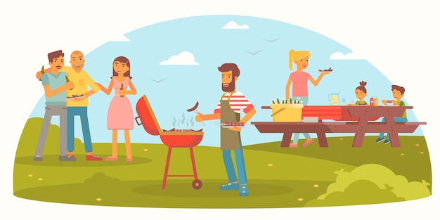 Freundliche familie auf picknick-illustration fröhliche männer, frauen und kinder auf grillparty