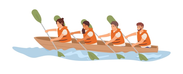 Freundliches Team, das zusammen im Boot rudert. Konzept der effektiven Zusammenarbeit und organisierten Teamarbeit. Gutes Verhältnis zwischen den Kollegen. Farbige flache Vektorillustration lokalisiert auf weißem Hintergrund.