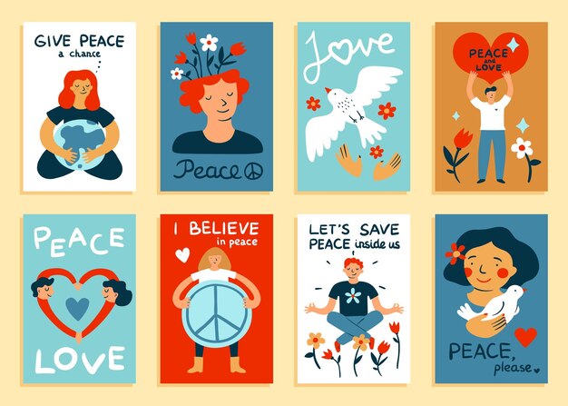 Friedenskarten Cartoon-Menschen mit Liebe und Hippie-Symbolen Friedliche Männer oder Frauen im Gleichgewicht Fliegende Vogelblumen und Herzen Internationale Pazifismus-Feiertagsplakate Vektorpostkarten-Set