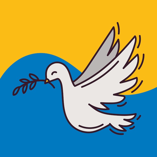 Friedenstaube auf dem hintergrund des militärischen konflikts der ukrainischen flagge ukraine und russland