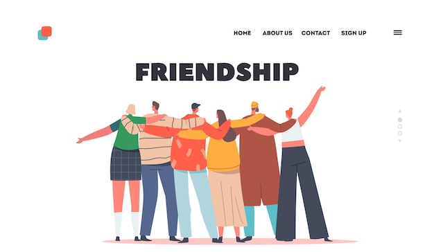 Friendship day celebration landing page template umarmungen mit freunden rückansicht verschiedene gemischtrassige männliche und weibliche charaktere stehen in reihe und umarmen sich cartoon people vector illustration