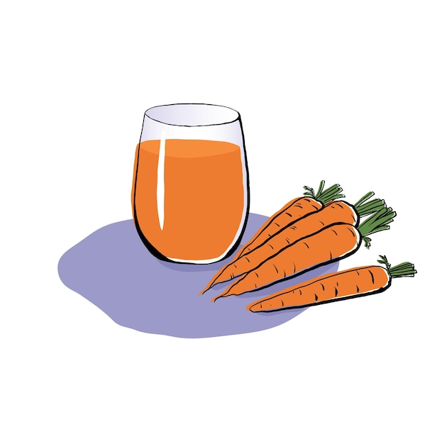 Frisch gepresster karottensaft in einem glas auf weißem hintergrund gesunde ernährung carrot cartoon-stil