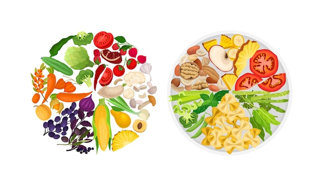 Frische, ausgewogene Mahlzeit mit Gemüse, Obst, Nüsse, Pilze, Top-View von gesunden Tellern, Vektor