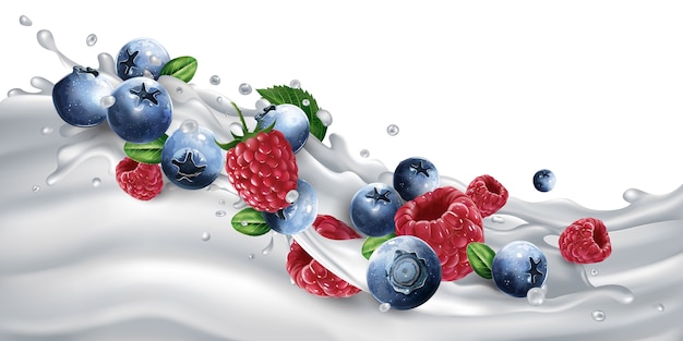 Vektor frische blaubeeren und himbeeren auf einer welle von milch oder joghurt. realistische illustration.