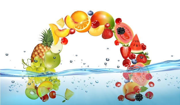 Frische Früchte und süße Beeren in durchsichtigem Wasser und Sauerstoffblase Ananas Banane Kirsche Orange Guava Birne Zitronen Pfirsich Mango Papaya Traube Kiwi Erdbeere Orange Vektor