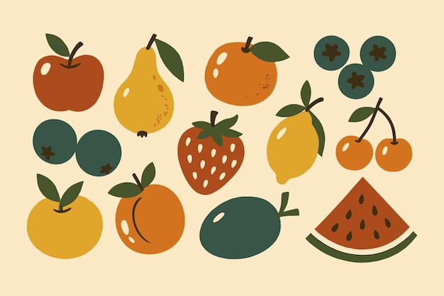 Frische Obst-Clipart-Sammlung mit Äpfeln Birnen Orangen Zitronen Erdbeeren und Wassermelonen