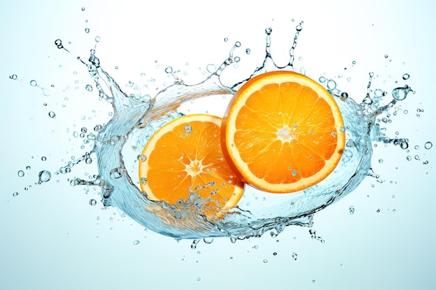 Vektor frische orange im wasser mit isolierter spritze auf weißem header für die website