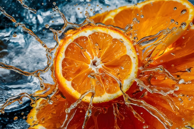 Frische Orangen fallen ins Wasser
