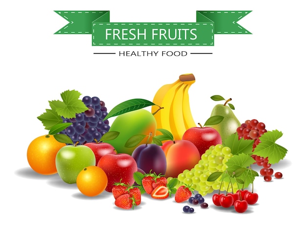 Frische, saftige Früchte und Beeren auf weißem Hintergrund