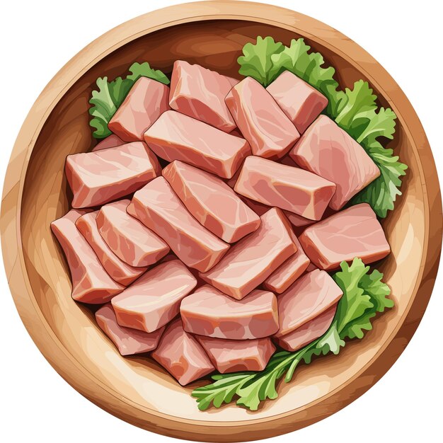 Vektor frische schweinefleischstücke und salat in holzschüssel clipart zum kochen zutat gesunde nahrung ernährung bbq