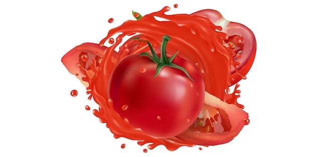 Frische Tomaten und ein Spritzer Gemüsesaft auf weißem Grund.