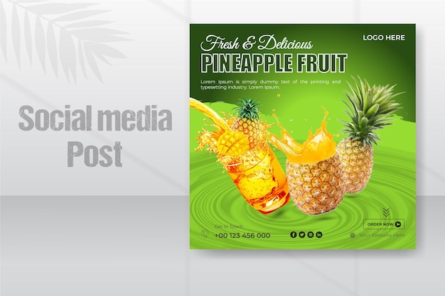 Frische und köstliche ananasfrüchte und getränke social media post template design