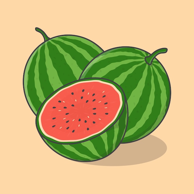 Frische wassermelone frucht cartoon vektor illustration scheibe und ganze wassermelone flachbild symbol umriss