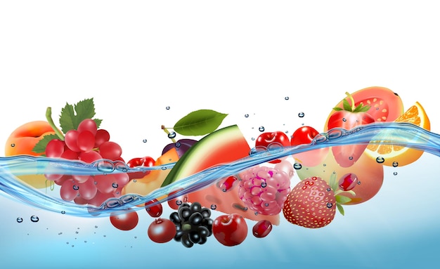 Frische wassermelone und verschiedene beeren und früchte in transparentem wasser vektorillustration