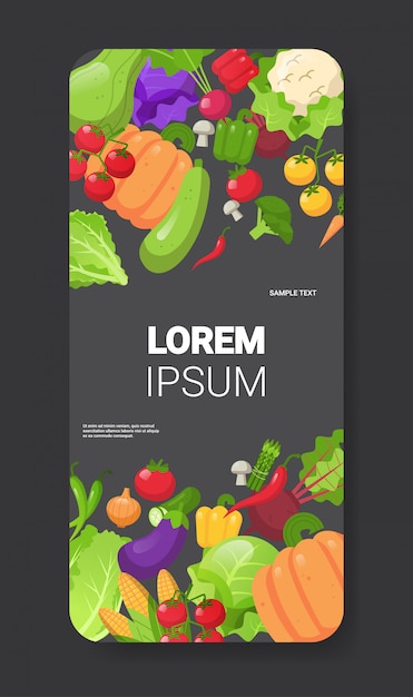 Vektor frisches gemüse zusammensetzung gesunde lebensmittel konzept smartphone bildschirm mobile app vertikalen kopierraum