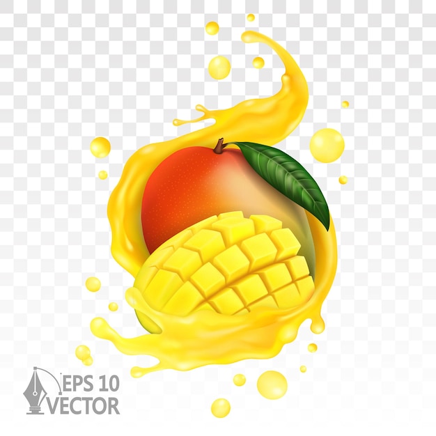 Vektor frisches obst der mango und hälfte mit saftigem spritzer transparente tropfen 3d realistische vektorillustration