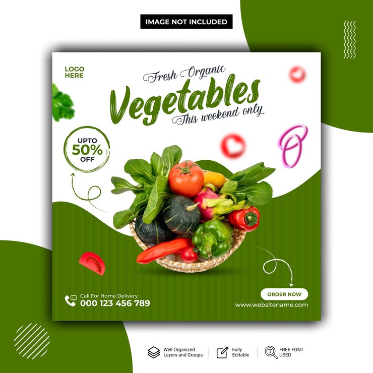 Frisches und biologisches Gemüse und Social-Media-Post Vector Template Premium