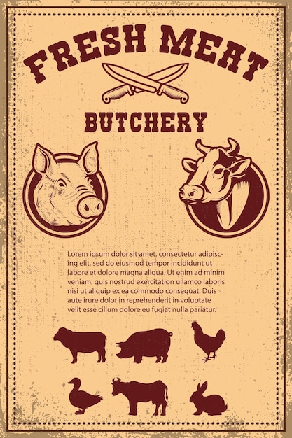 Frischfleisch. Plakatschablone mit Fleischschnitt auf Schmutzhintergrund. Vektor-Illustration