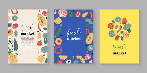 Vektor frischmarkt-posterkarte oder printkollektion mit obst und gemüse vitamin-c-quellen