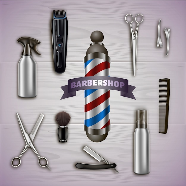 Vektor friseursalon und metallwerkzeuge auf grau. barber tool kit. haar-styling-artikel.