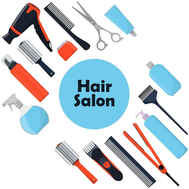 Vektor friseursalonkonzept werkzeuge und kosmetische produkte für die haarpflege professionelle friseurwerkzeuge