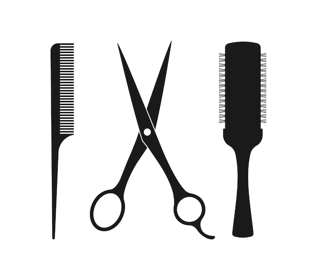 Vektor friseurzubehör zum schneiden und stylen von haaren, scheren für haarschnitte und kämme, set mit silhouettenillustrationen auf weißem hintergrund