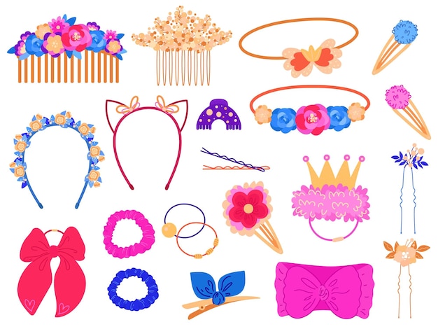 Vektor frisuren, accessoires, glamour, weibliche stilelemente, mädchenschnürsenkel, kopfbands und elastika, haarschnürchen, dekorative blumen, seidenbänder mit bogen, cartoon-pink, modegegenstände, vektor-set