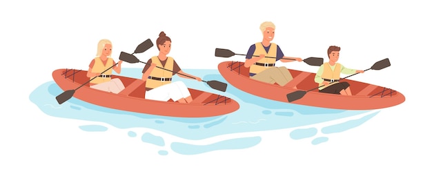 Fröhliche aktive Familie mit Kindern, die im Sommer mit dem Kajak oder Kanu entlang des Flusses raften. Eltern und Kinder rudern gemeinsam mit Paddeln in Booten. Flache Vektorillustration lokalisiert auf weißem Hintergrund.