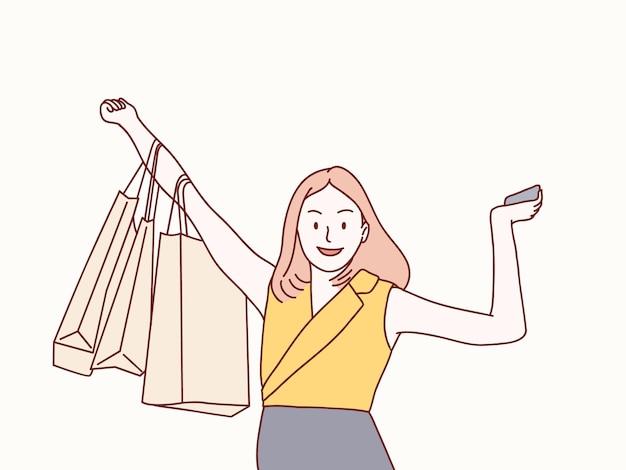 Fröhliche, attraktive, junge frau, die einkaufstaschen trägt, einfache illustration im koreanischen stil