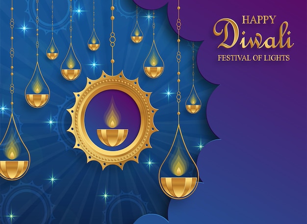 Fröhliche diwali-vektorillustration festliche diwali- und deepawali-karte das indische lichterfest auf blauem hintergrund